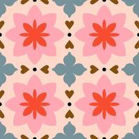 Seamless pattern with abstract flowers and hearts. Vector texture in retro style. Floral tile background