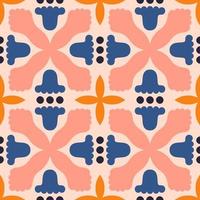 Decorative vector pattern with abstract flowers and shapes. Beautiful seamless texture in retro style. Symmetrical tile background