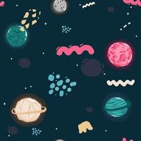 Space Seamless Pattern with Planets and Stars. Doodle Cartoon Cute Saturn Planet. Space Vector Background for Kids