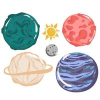 Alien planets vector cartoon set of space game user interface, ui or gui design. Fantasy galaxy universe planets and stars with craters, asteroids and satellites, orbits, ice crystal and meteor rings,