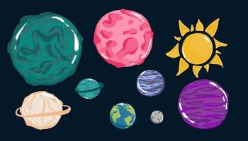 Alien planets vector cartoon set of space game user interface, ui or gui design. Fantasy galaxy universe planets and stars with craters, asteroids and satellites, orbits, ice crystal and meteor rings