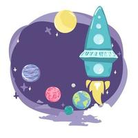 dibujos animados espacio antecedentes. plantillas para volantes, pancartas, tarjetas, cubiertas, marcos, carteles vector niños s ilustración. el cohete toma apagado dentro el cielo. planetas y el universo. juego estilo,