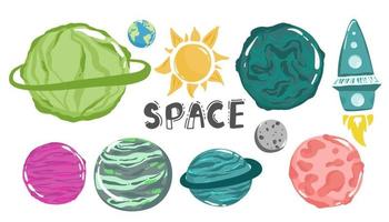 Alien planets vector cartoon set of space game user interface, ui or gui design. Fantasy galaxy universe planets and stars with craters, asteroids and satellites, orbits, ice crystal and meteor rings