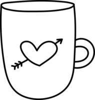 Hand drawn  mug tea or cocoa or coffee with heart and arrow. Doodle vector illustration