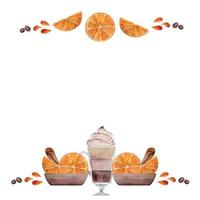 Watercolor hand drawn border frame with coffee cups, beans, orange slices, juice drops, cinnamon stick. Isolated on white background. For invitations, cafe, restaurant food menu, print, website, cards vector