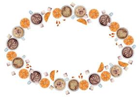 Watercolor hand drawn circle frame wreath with coffee cups, sugar cubes, orange drops and slices. Isolated on white background. For invitations, cafe, restaurant food menu, print, website, cards vector