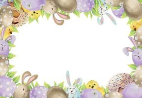 Watercolor hand drawn Easter celebration clipart. Border frame with eggs, leaves, bunnies, chicken, kulich bread. Isolated on white background. For invitations, gifts, greeting cards, print, textile vector