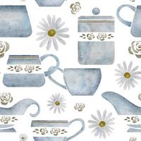 Watercolor hand drawn seamless pattern with porcelain and gold coffee cups, leaves, creamer, jar, daisy. Isolated on white background. Invitations, cafe, restaurant food menu, print, website, cards vector