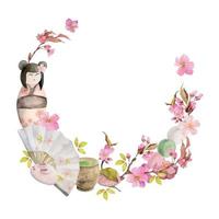 Watercolor hand drawn traditional Japanese sweets. Wreath of spring wagashi with sakura, objects. Isolated on white background. Design for invitations, restaurant menu, greeting cards, print, textile vector