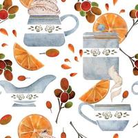 Watercolor hand drawn seamless pattern with coffee cups, beans, sugar cubes, orange slices, juice drops. Isolated on white background For invitations, cafe, restaurant food menu, print, website, cards vector