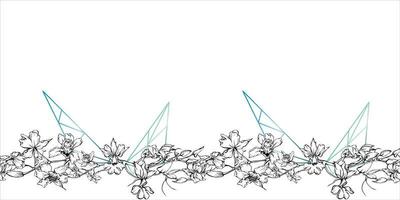 Hand drawn vector ink orchid flowers and branches, monochrome, detailed outline. Horizontal seamless banner. Isolated on white background. Design for wall art, wedding, print, tattoo, cover, card.