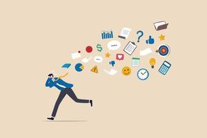 Information overload, excess distraction or overworked, overwhelmed data consume, problem with schedule or workload concept, frustrated businessman run away from flying social and work information. vector