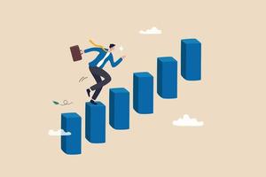 Career advancement, development or business growth, progress to more responsibility, salary or job promotion, improvement opportunity concept, success businessman step up growing bar graph stairs. vector