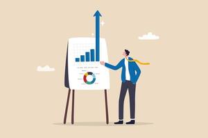 Present company growth, boost profit or increase revenue, success investment or growing sales, report or improvement statistics concept, businessman present graph with high improvement bar chart. vector