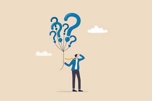 Question marks, finding solution or search for answer, solving problem or curiosity, questionnaire, FAQ or uncertainty concept, doubtful businessman holding question marks balloon look for solutions. vector