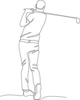 One line drawing of young golf player swinging golf club and hitting ball. Relax sport concept. Tournament promotion design vector graphic illustration