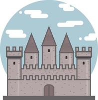 Medieval ancient castle flat icon. Fortress on sky circle background. Medieval architecture. Vector illustration of knight castle with walls and towers isolated on white background