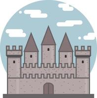 Medieval ancient castle flat icon. Fortress on sky circle background. Medieval architecture. Vector illustration of knight castle with walls and towers isolated on white background