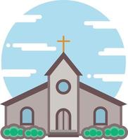 Catholic church flat icon. Cathedral on blue sky round background. City architecture. vector