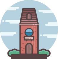 Red brick building flat icon. City architecture. Cartoon of fairytale style. Large panoramic window and balcony. Cute cottage. Icon with round sky background. vector