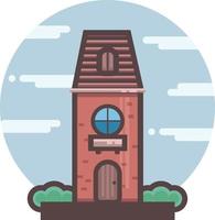 Red brick building flat icon. City architecture. Cartoon of fairytale style. Large panoramic window and balcony. Cute cottage. Icon with round sky background. vector