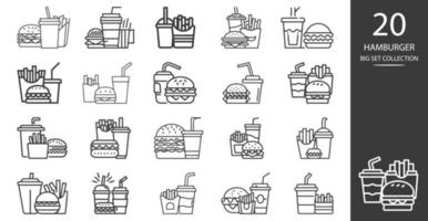 rápido comida icono colocar. hamburguesa, francés papas fritas y suave bebida vaso, símbolos de calle alimento. vector