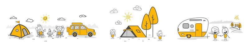 Stick figures. Travelers couple camping tent. vector