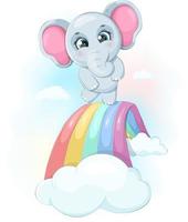 Cute cartoon elephant on a rainbow with clouds vector