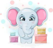 alegre dibujos animados elefante con regalos vector