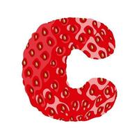 Strawberry font. Letter C. Alphabetical character with strawberry texture. Character representing one or more of the sounds used in speech. Decorative fruit font. Vector illustration.