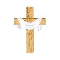 Wooden Christian cross. Simple cross made of wood with a white shroud, cloth on a white background. Design element for Easter, Palm Sunday, Resurrection of Christ. Vector illustration.