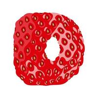 Strawberry font. Letter D. Alphabetical character with strawberry texture. Character representing one or more of the sounds used in speech. Decorative fruit font. Vector illustration.