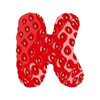 Strawberry font. Letter K. Alphabetical character with strawberry texture. Character representing one or more of the sounds used in speech. Decorative fruit font. Vector illustration.