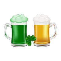 Two glasses with yellow beer and green ale with foam on a white background. Clear glass beer glasses full of fresh beer and ale. Alcoholic drink. Vector illustration.