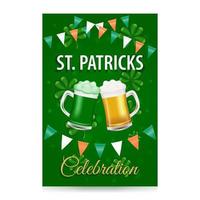 St. Patricks Day beer festival invitation. Postcard with beer and ale, flags and shamrocks. Green background. Vector illustration.