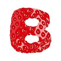 Strawberry font. Letter B Alphabetical character with strawberry texture. Character representing one or more of the sounds used in speech. Decorative fruit font. Vector illustration.