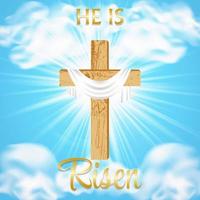 He is Risen. Easter. Shining Christian cross and shroud on a blue sky background. Religious design. Postcard with Palm Sunday, Easter, Resurrection of Christ.Vector illustration. vector