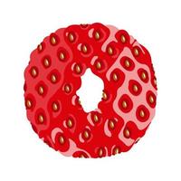 Strawberry font. Letter O. Alphabetical character with strawberry texture. Character representing one or more of the sounds used in speech. Decorative fruit font. Vector illustration.