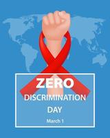 Design celebrating Zero Discrimination Day with a red ribbon and a clenched fist against a blue world map background. Celebrate Zero Discrimination Day and promote equality with this image. vector