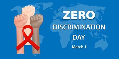 Join the fight against discrimination with banner featuring a red ribbon, clenched fists of people of different races, and a world map on a blue background. Celebrate Zero Discrimination Day. Vector. vector