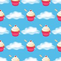 Fluffy clouds on a blue background with a seamless pattern of delicious cupcakes topped with whipped cream in a pink crimped paper cup, pierced by a golden arrow. Vector illustration.