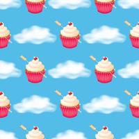 Fluffy clouds on a blue background with a seamless pattern of delicious cupcakes topped with whipped cream in a pink crimped paper cup, pierced by a golden arrow. Vector illustration.