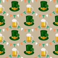 Celebrate St. Patrick's Day with this seamless pattern featuring a garland of Irish flag-inspired triangles, green leprechaun hat, full pint of beer. For decorating walls, fabrics, and gift wrap. vector