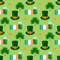 Celebrate St. Patrick's Day with seamless pattern featuring the Irish flag, a Leprechaun hat, a beer mug, and gold coins on a seamless background. For decorating walls, wrapping gifts, fabric design. vector