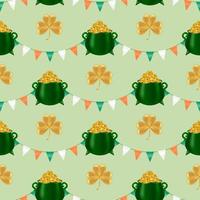 Seamless St. Patrick's Day pattern with Irish flag-inspired garland, golden shamrock, and a pot of gold coins. Perfect for wallpapers, fabrics, and wrapping paper. Vector illustration.