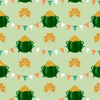 Seamless St. Patrick's Day pattern with Irish flag-inspired garland, golden shamrock, and a pot of gold coins. Perfect for wallpapers, fabrics, and wrapping paper. Vector illustration.