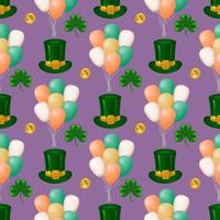 Celebrate St. Patrick's Day in style with our seamless pattern featuring a Leprechaun hat, clover leaves, gold coins, and balloons on a purple background. For fabric, wrapping paper, wallpaper. Vector