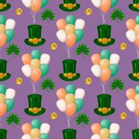 Celebrate St. Patrick's Day in style with our seamless pattern featuring a Leprechaun hat, clover leaves, gold coins, and balloons on a purple background. For fabric, wrapping paper, wallpaper. Vector