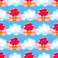 Get ready to fall in love with our stunning seamless pattern of pink envelopes adorned with satin ribbons and filled with red hearts, beautifully contrasted against fluffy clouds on a blue background. vector