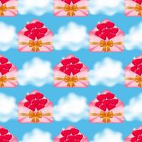 Get ready to fall in love with our stunning seamless pattern of pink envelopes adorned with satin ribbons and filled with red hearts, beautifully contrasted against fluffy clouds on a blue background. vector